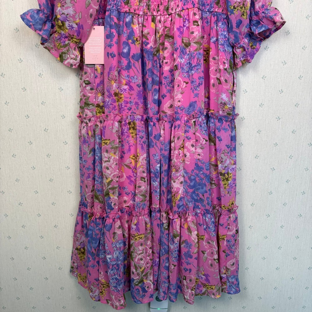 Ivy City Co Rowan Midi Dress 1X Pink Floral Smocked Tiered Cottagecore Vacation - Picture 11 of 12